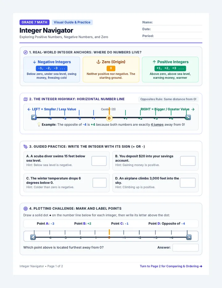 Integer Navigator Worksheet
