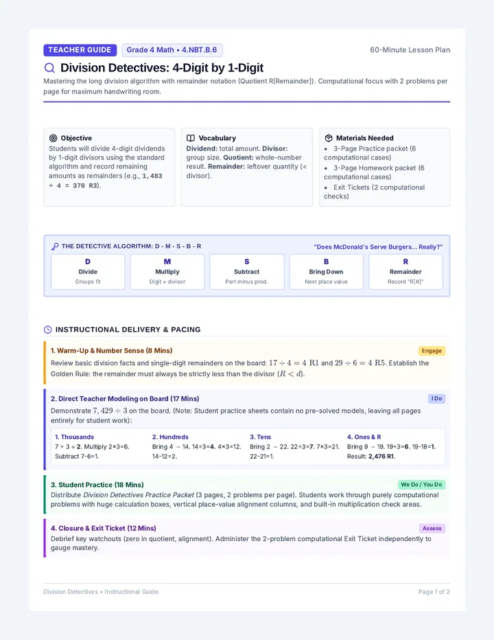 Division Detectives Lesson Guide