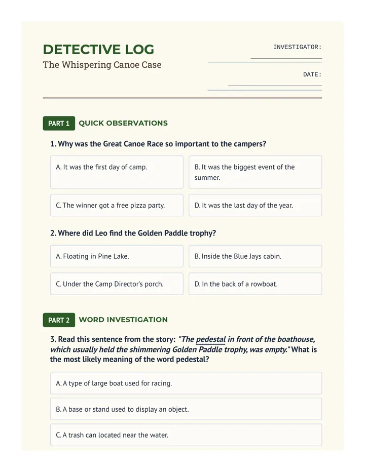 Whispering Canoe Worksheet