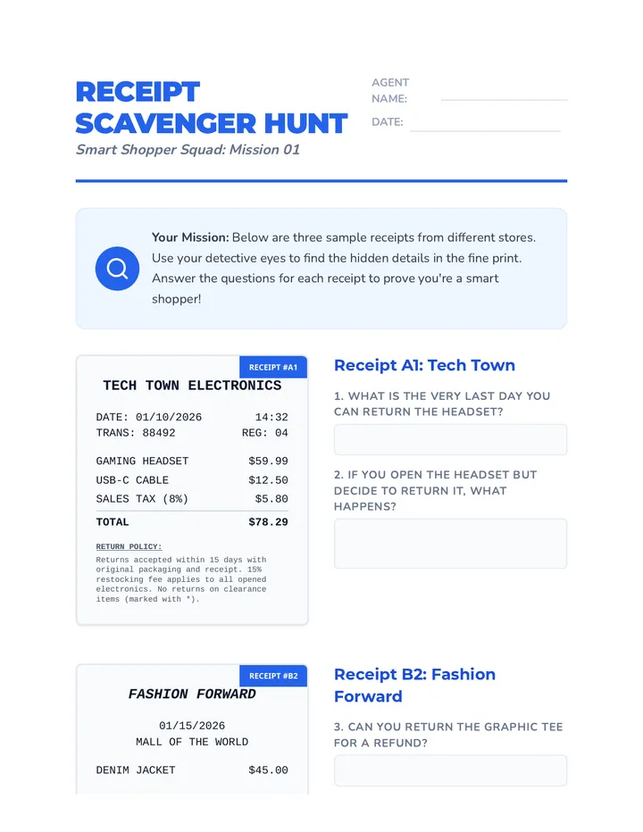 Receipt Scavenger Hunt Worksheet