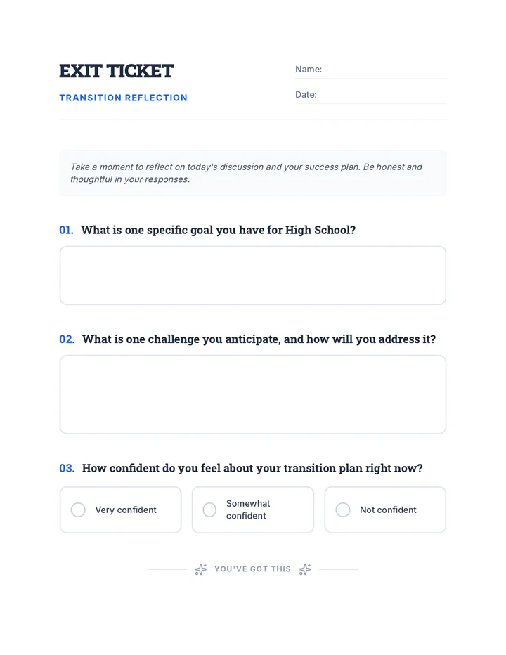 Transition Reflection Exit Ticket