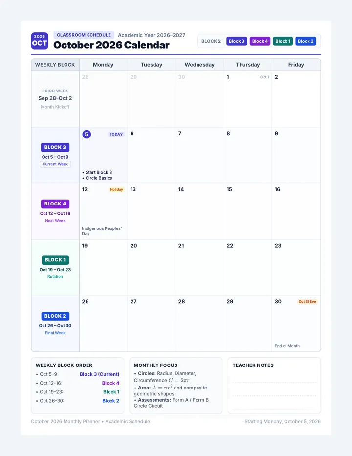 October Block Calendar