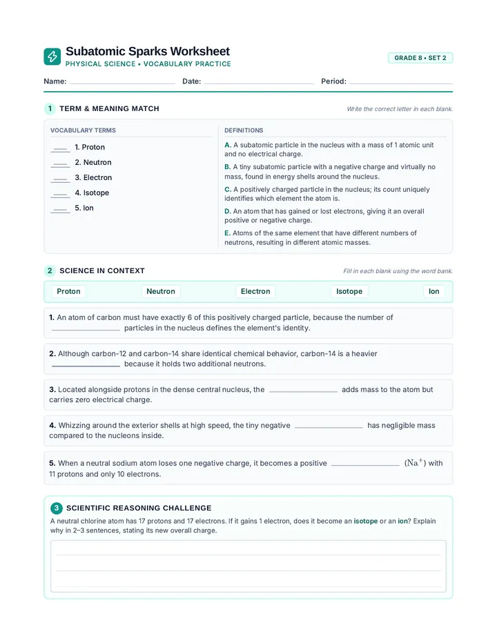 Subatomic Sparks Worksheet