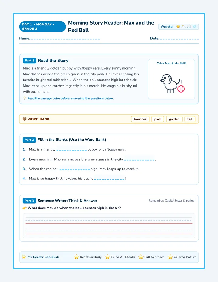 Monday Story Reader Worksheet