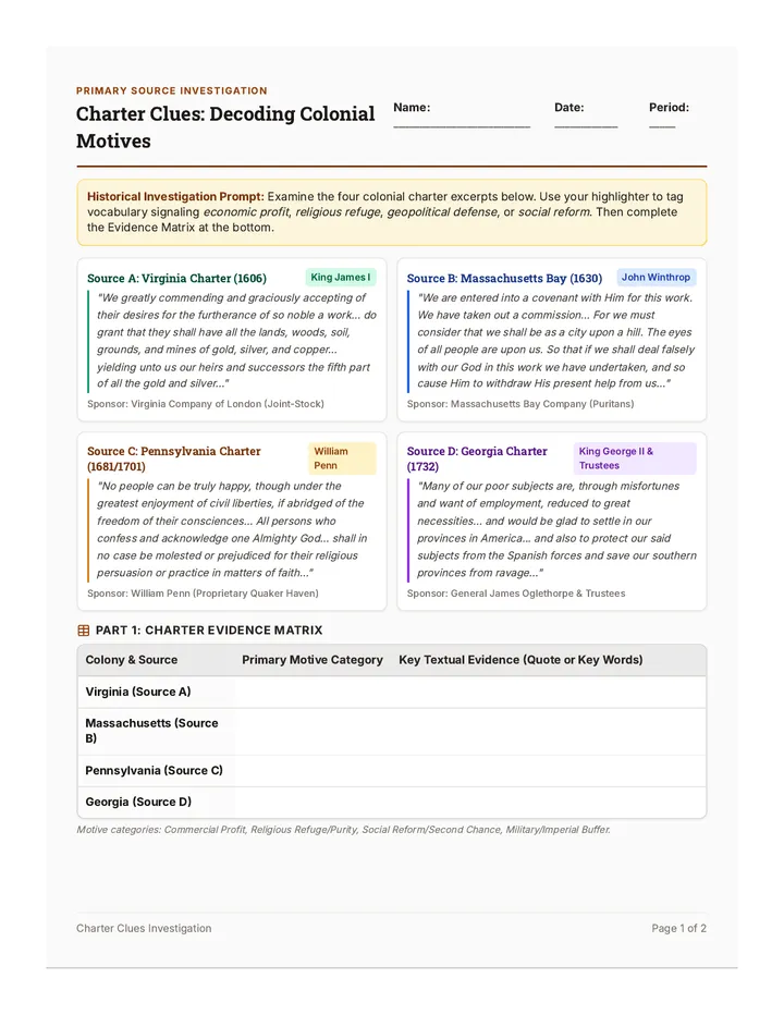 Charter Clues Worksheet