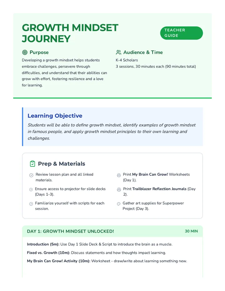 Growth Mindset Journey Lesson Plan