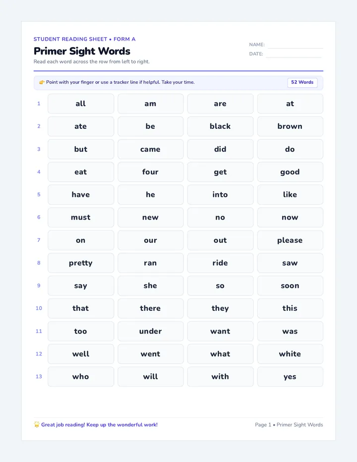 Sight Word Reading Sheets