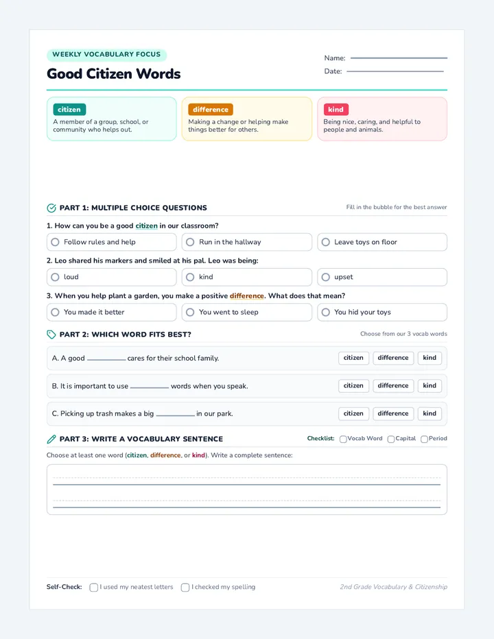 Good Citizen Vocabulary Worksheet