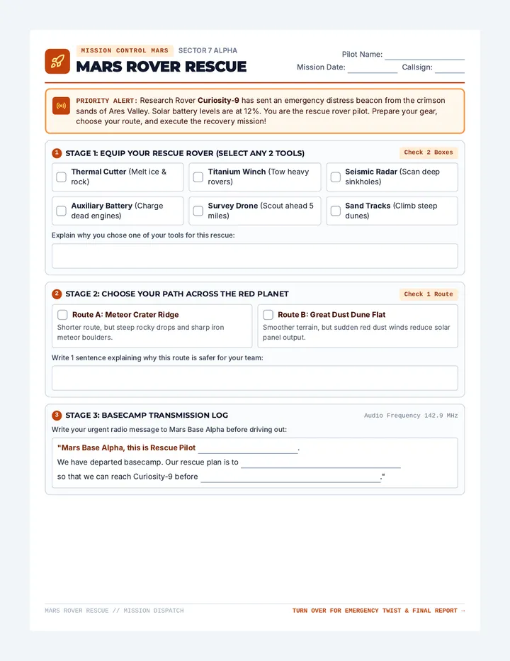 Mars Rover Rescue Worksheet