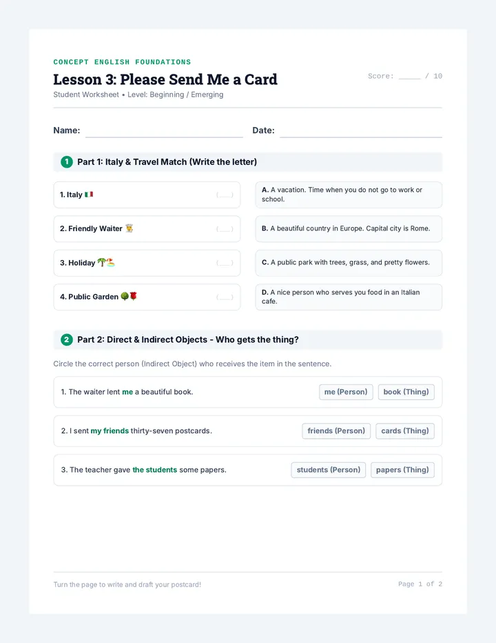 Postcard Writer Worksheet