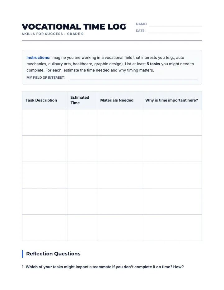 Vocational Time Log Worksheet