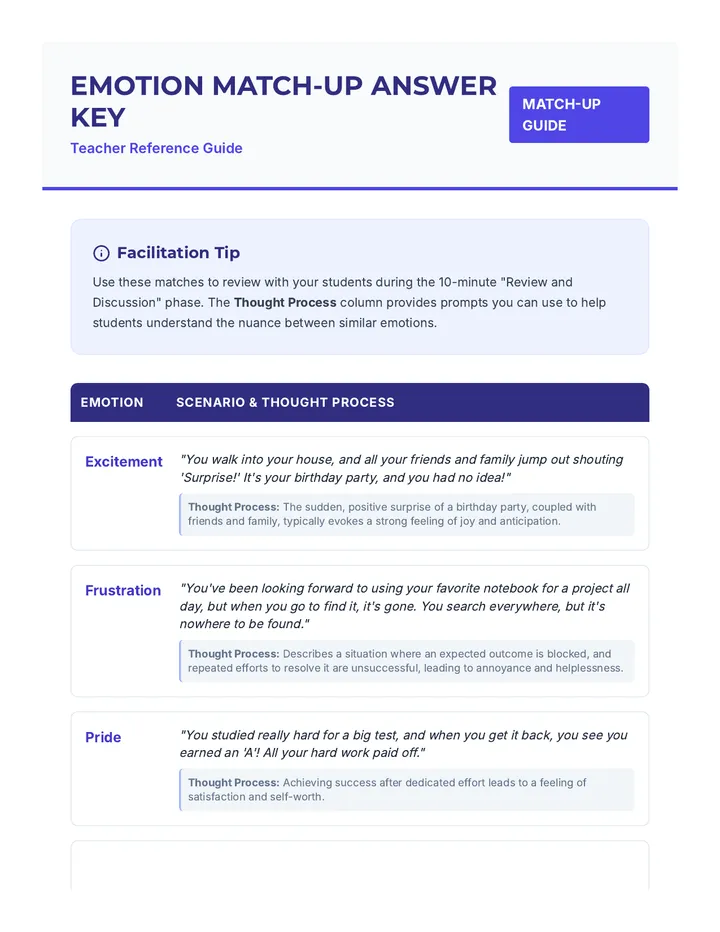 Emotion Match Up Answer Key