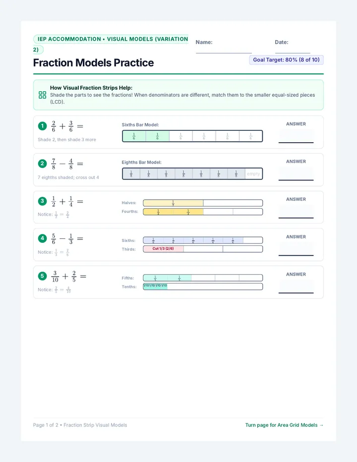 Fraction Models Practice Worksheet
