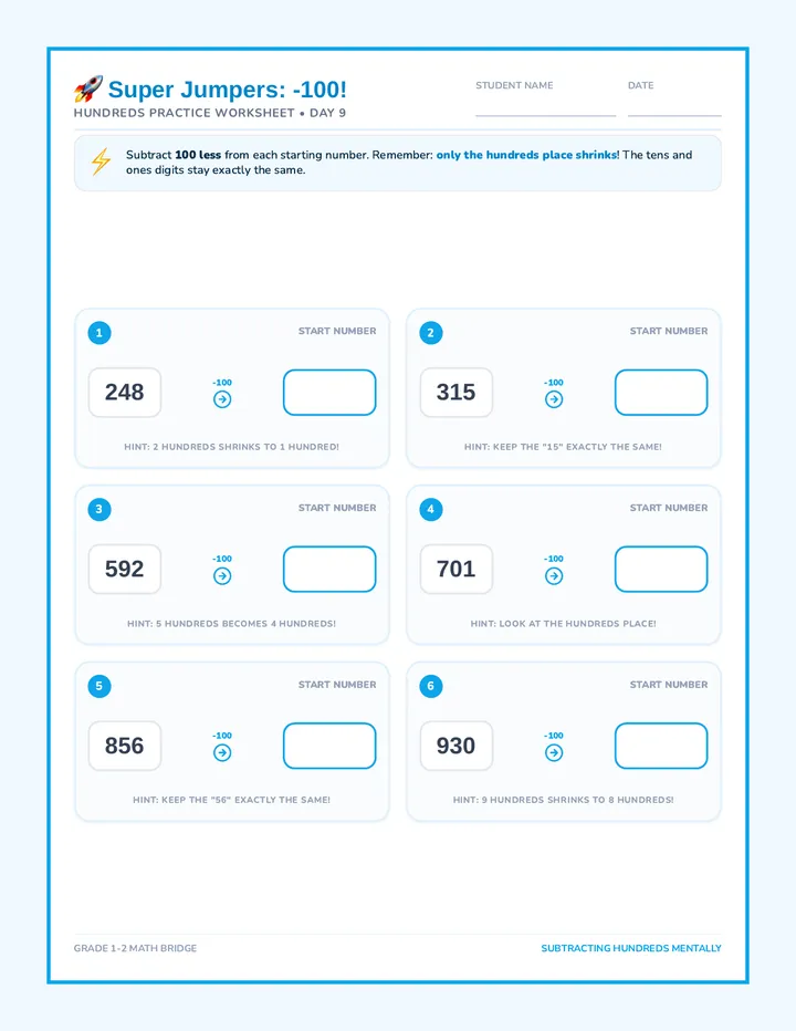 Lilypad Jumpers Hundreds Subtraction Worksheet