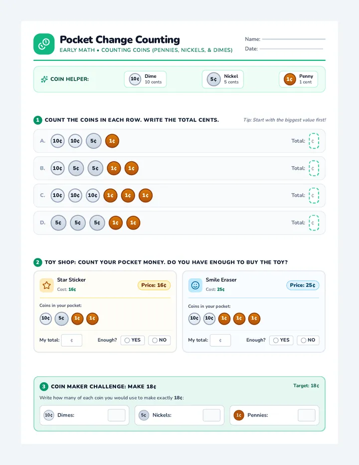 Pocket Change Worksheet
