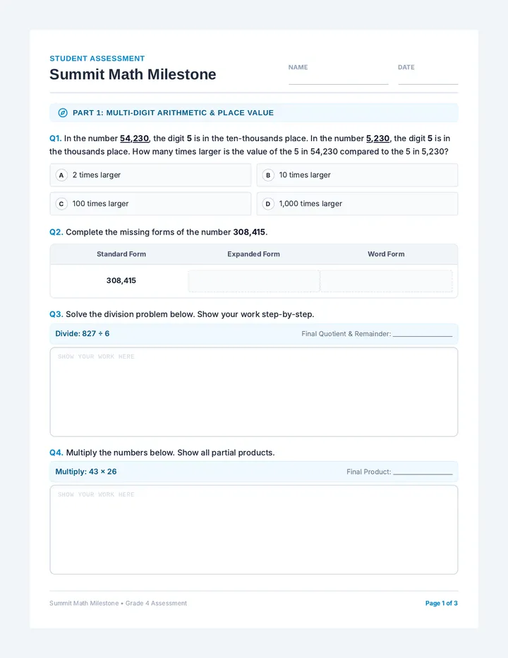 Summit Math Assessment Worksheet