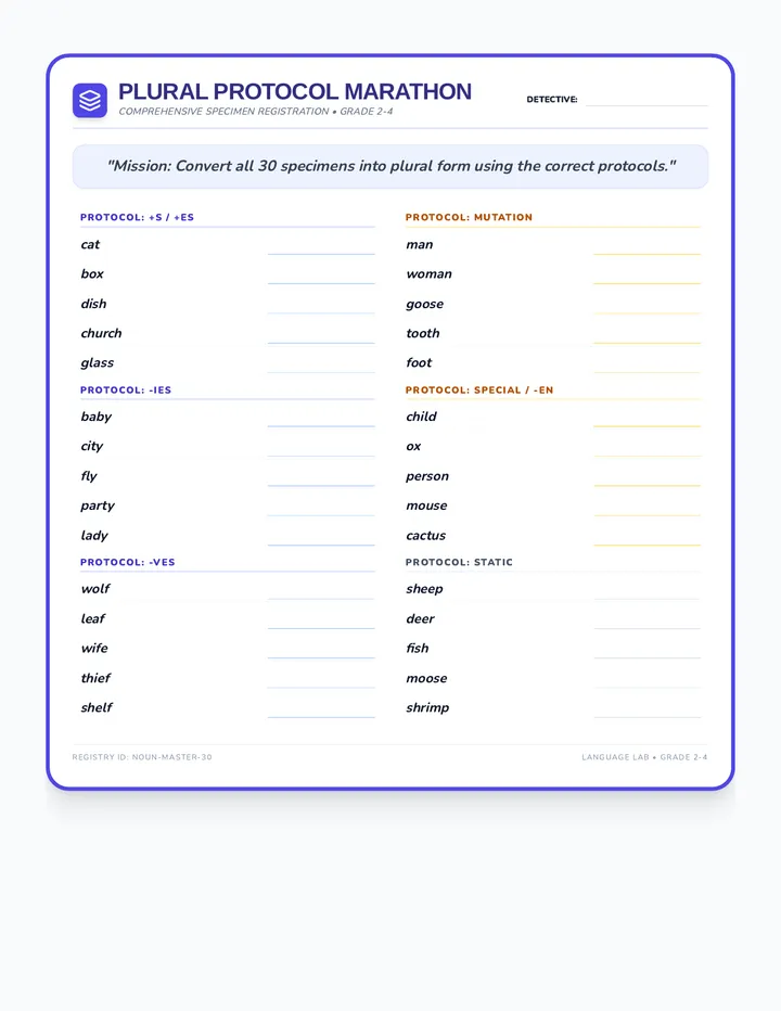 Plural Noun Marathon Worksheet
