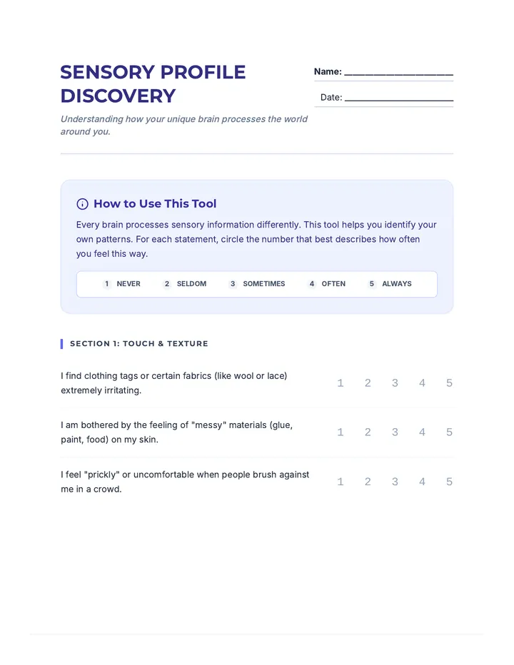 Sensory Profile Discovery Worksheet Plus Score Key