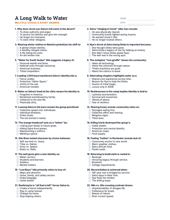 A Long Walk to Water Multiple Choice & Short Answer Final