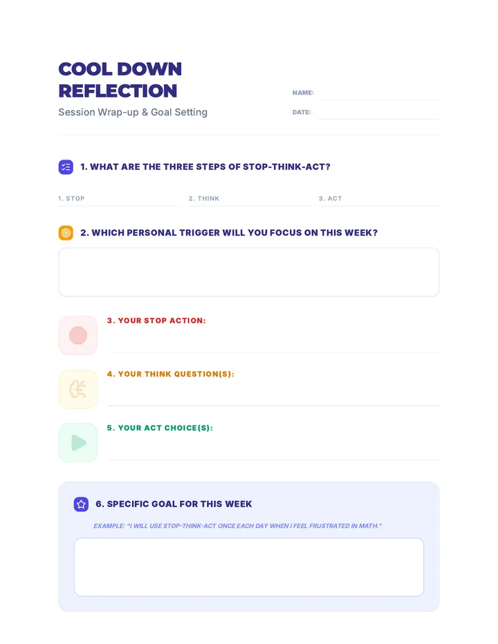 Cool Down Reflection Worksheet