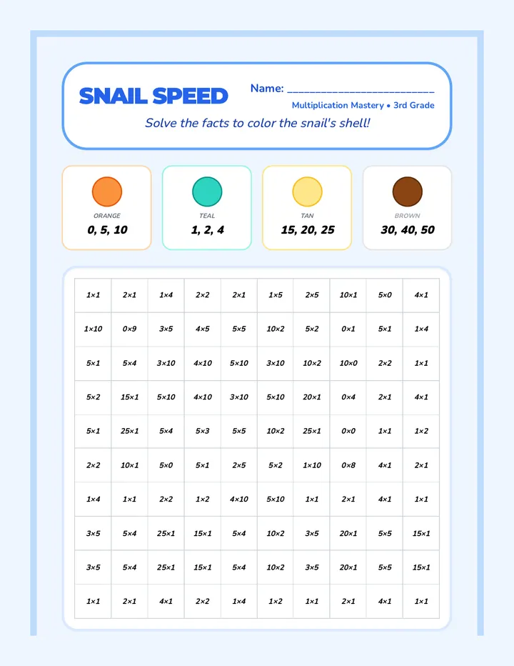 Snail Speed Multiplication Color by Number
