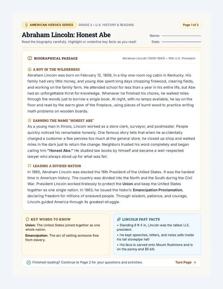 Honest Abe Reading Worksheet