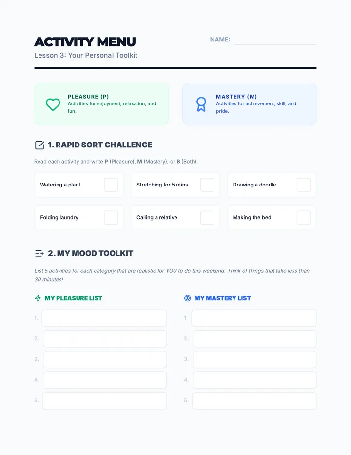 Activity Menu Worksheet