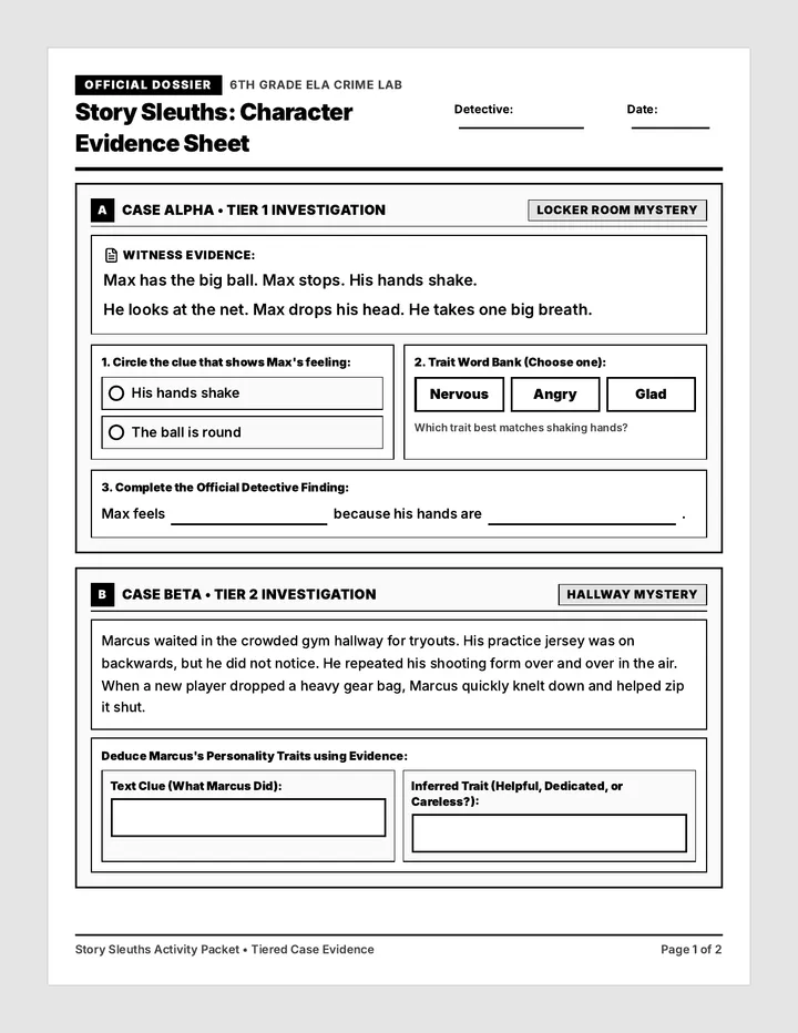 Character Clues Activity Sheets
