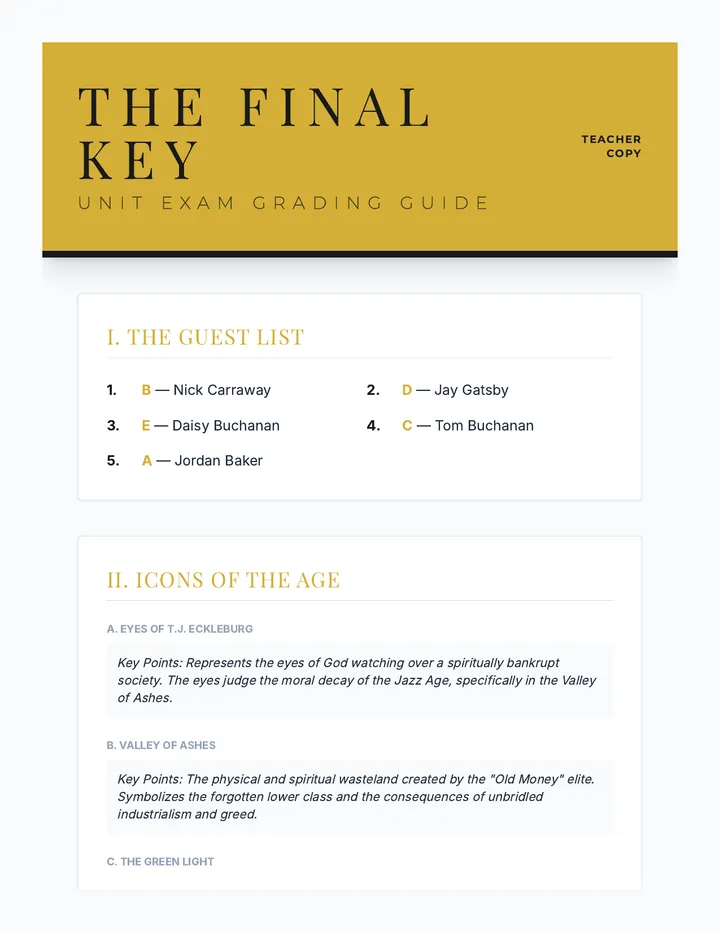 Gatsby Final Exam Key Document