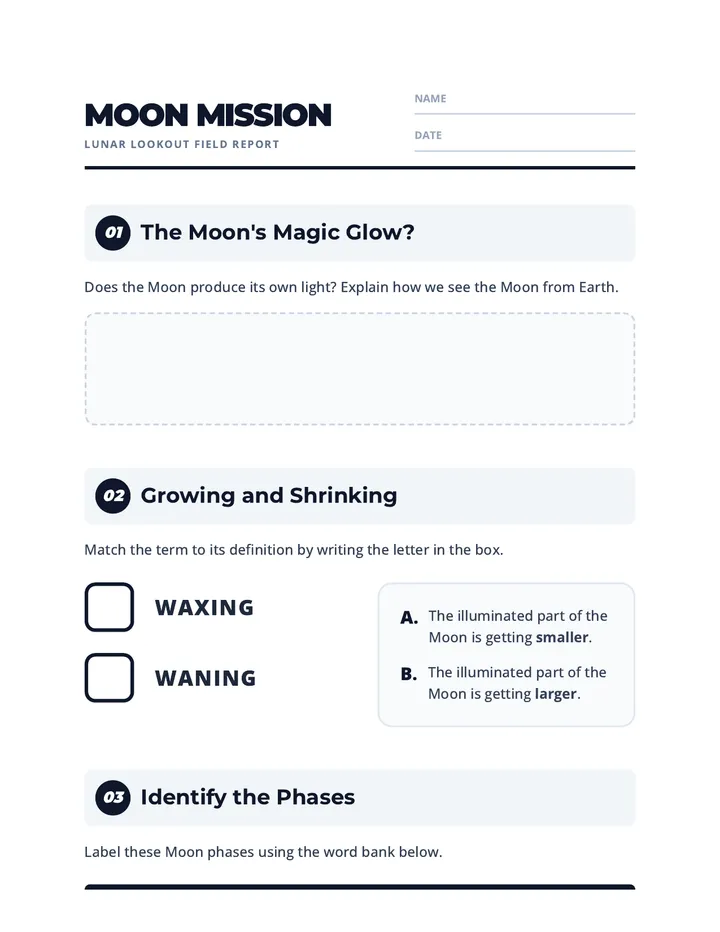 Moon Mission Worksheet Spaces