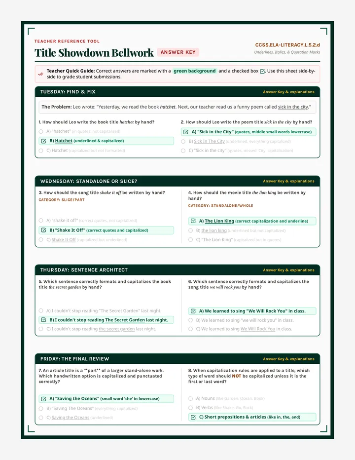 Title Rules Bellwork Key