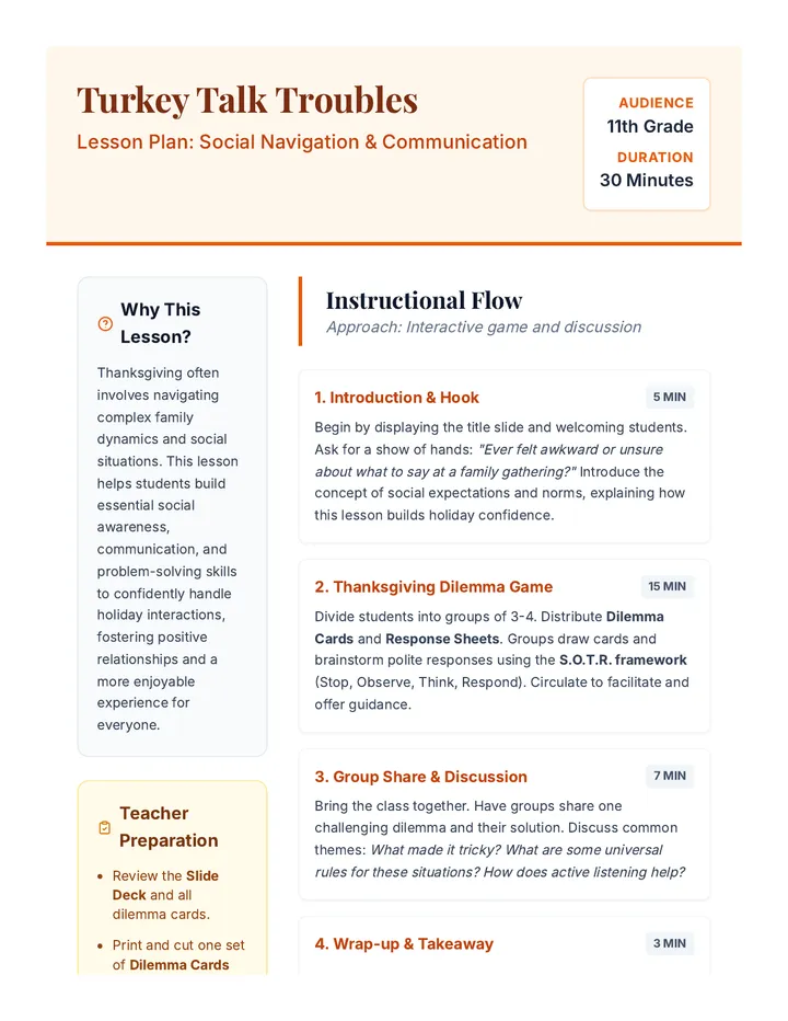 Turkey Talk Troubles Lesson Plan