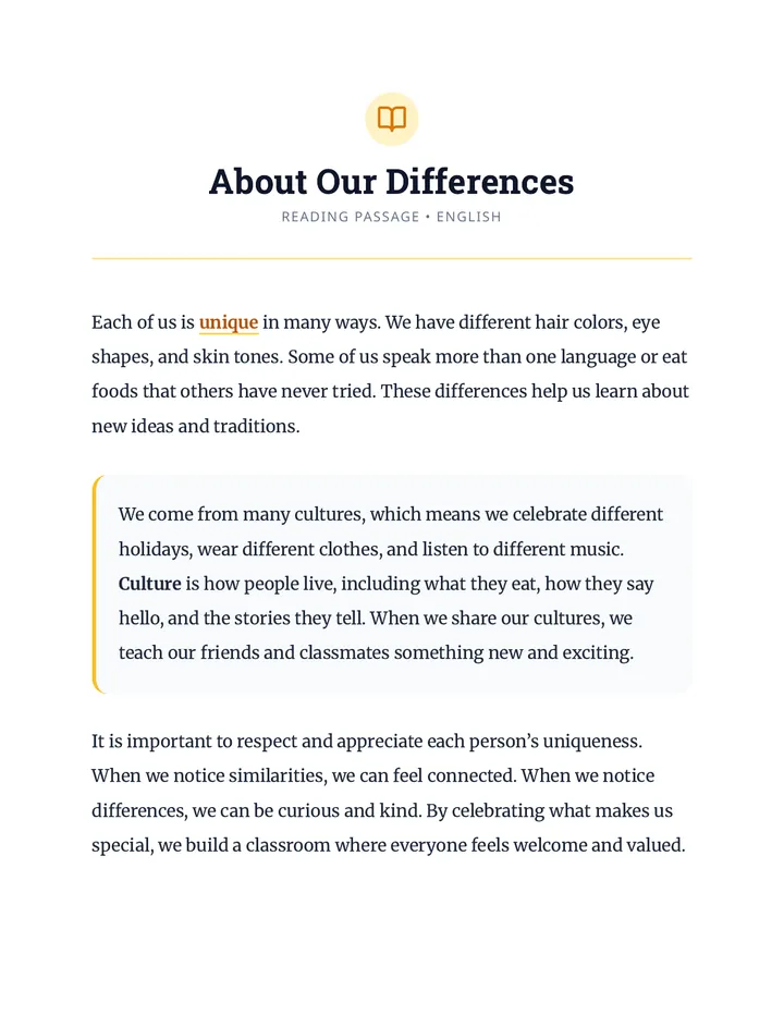 About Our Differences Passage English Reading