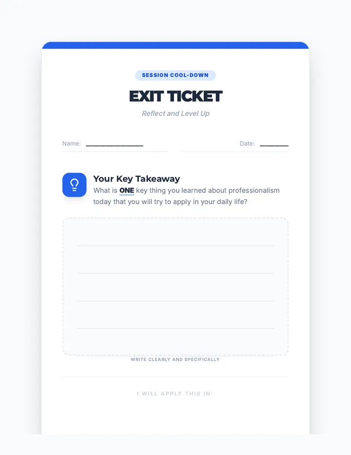 Professionalism Exit Ticket Worksheet