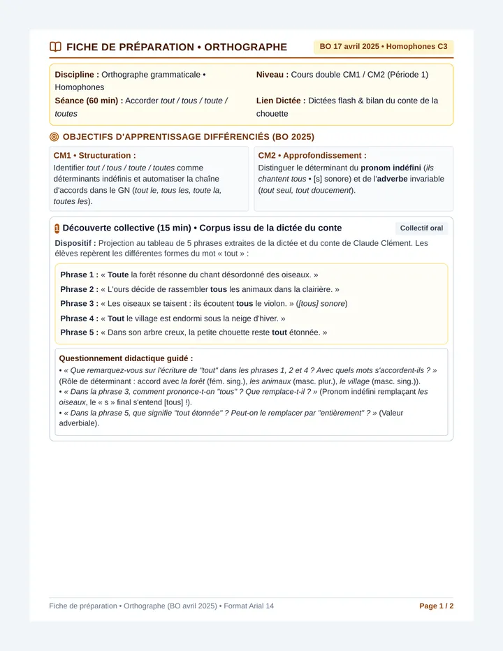 Chouette Orthographe Tout Fiche Preparation