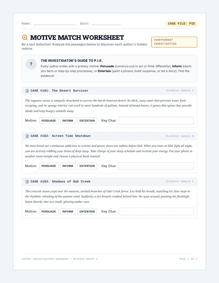 Motive Match Worksheet
