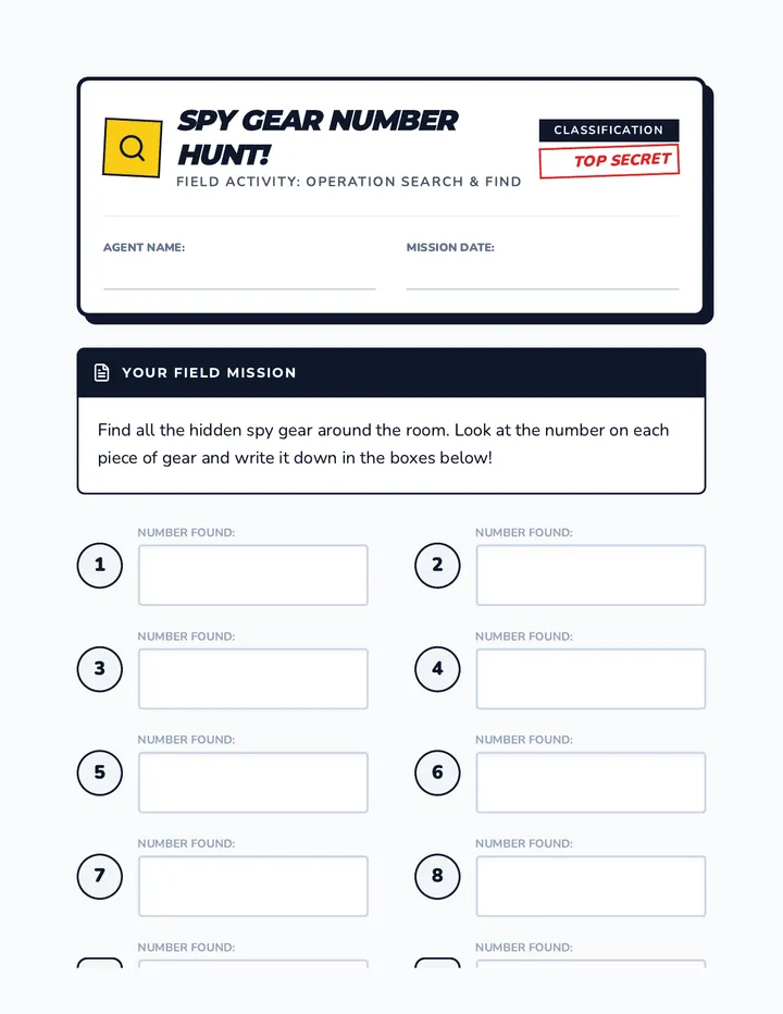 Spy Gear Number Hunt Activity Sheet