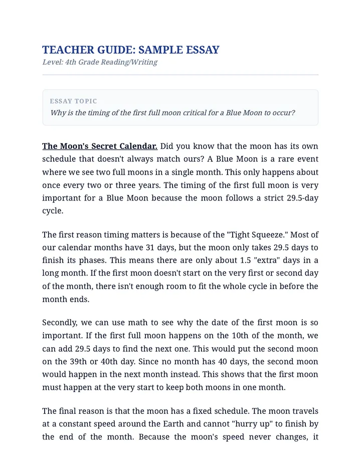 Blue Moon Sample Essay 4th Grade