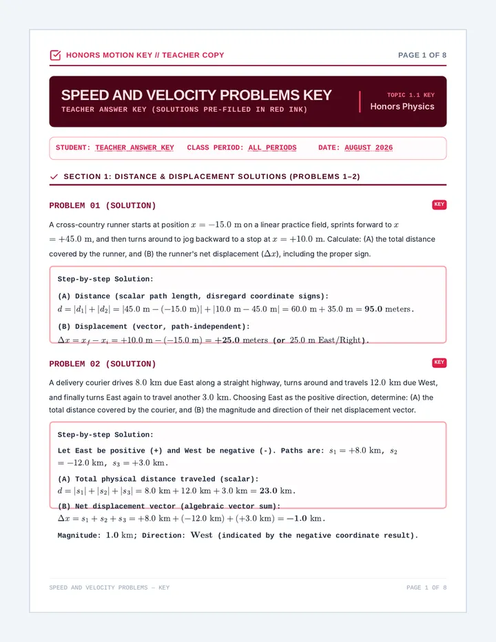 Speed and Velocity Problems Answer Key