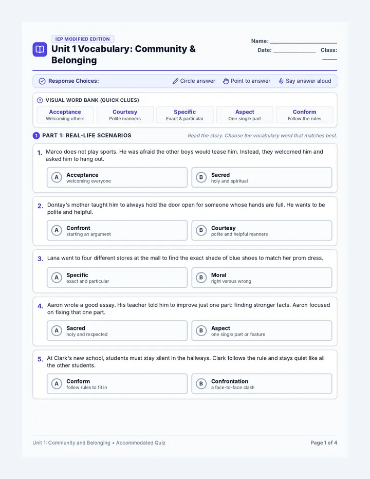Belonging Vocabulary Modified Quiz