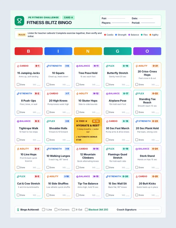 Fitness Blitz Bingo Card