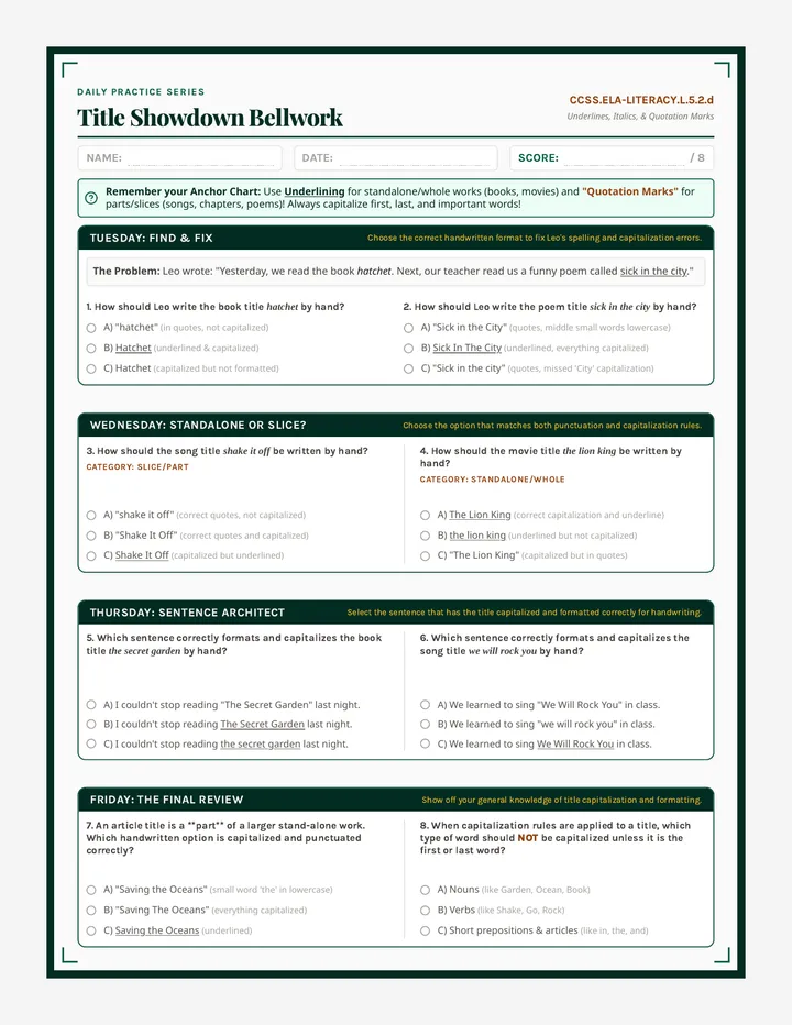 Title Rules Bellwork Sheet