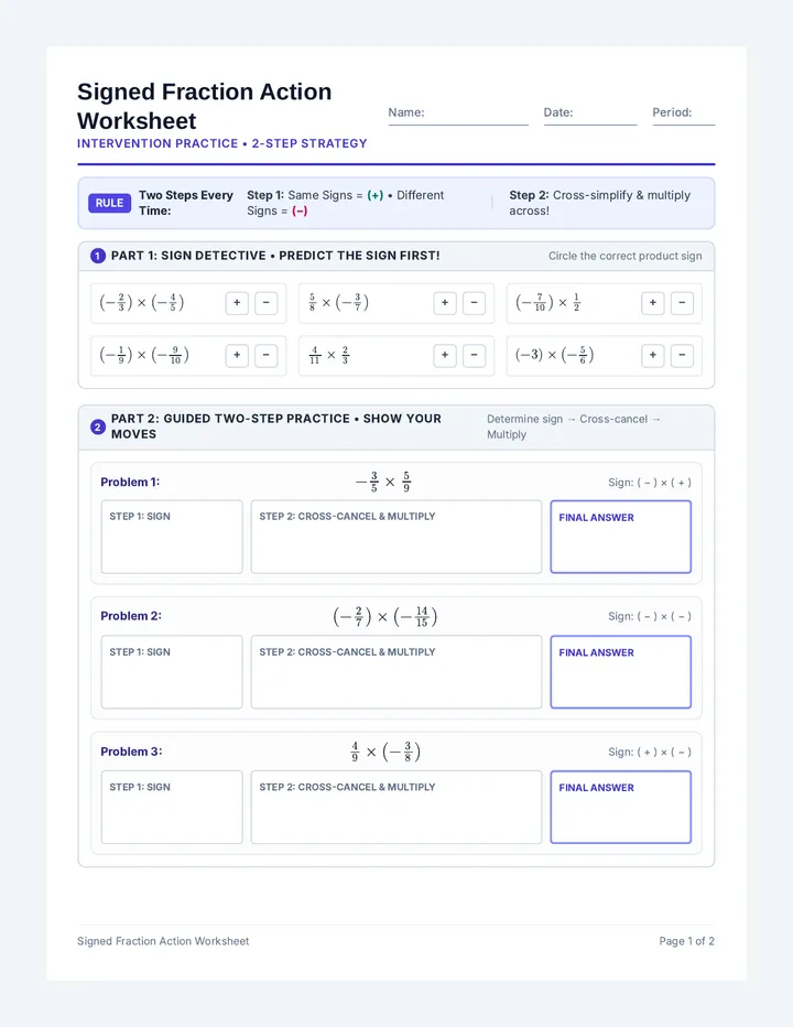 Signed Fraction Action Worksheet