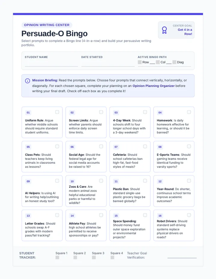 Opinion Bingo Board page 1