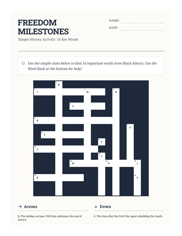 Freedom Milestones Crossword Worksheet Easy