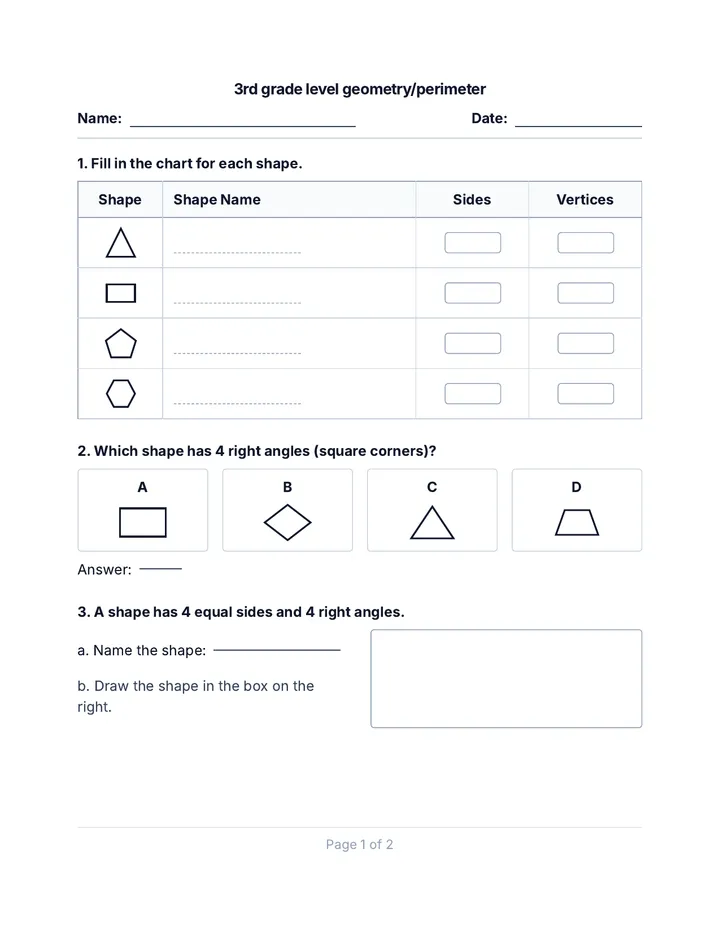 3rd grade level geometry/perimeter