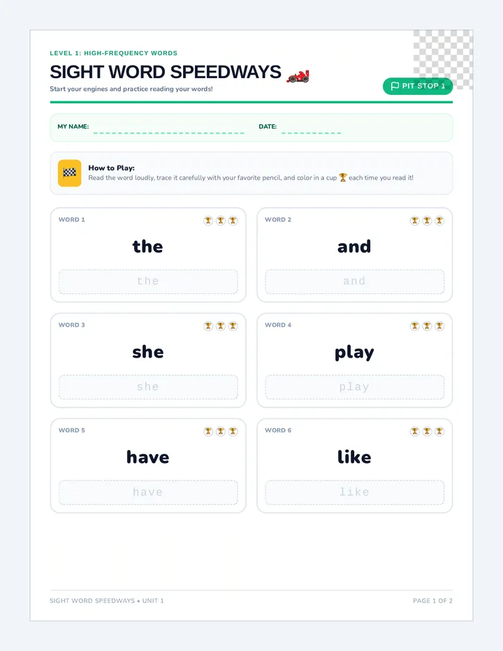 Sight Word Speedways Worksheet