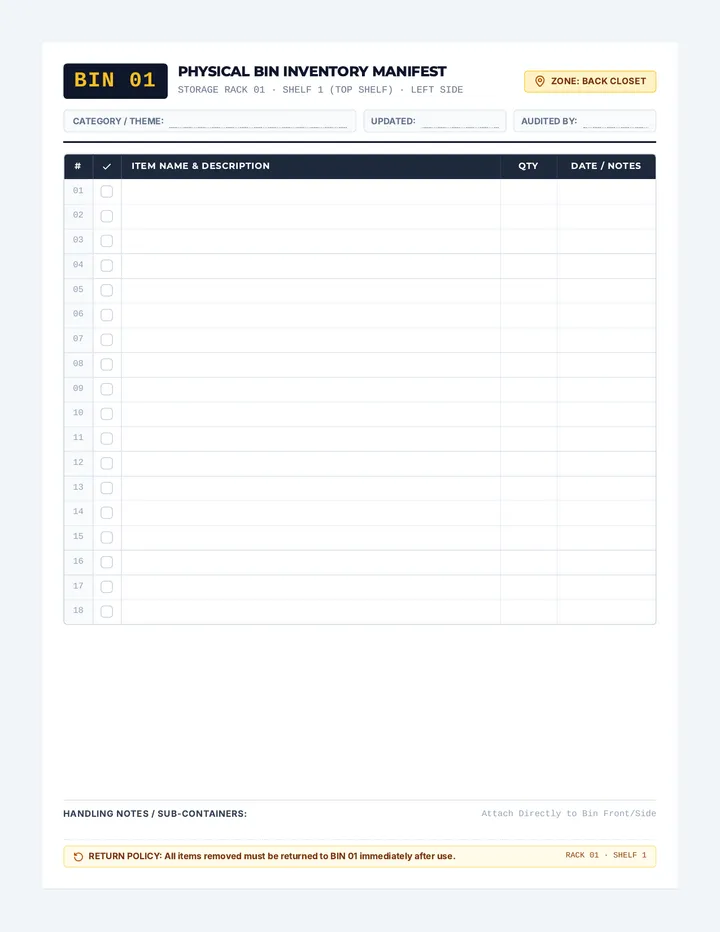 Bin Content Manifest Sheets