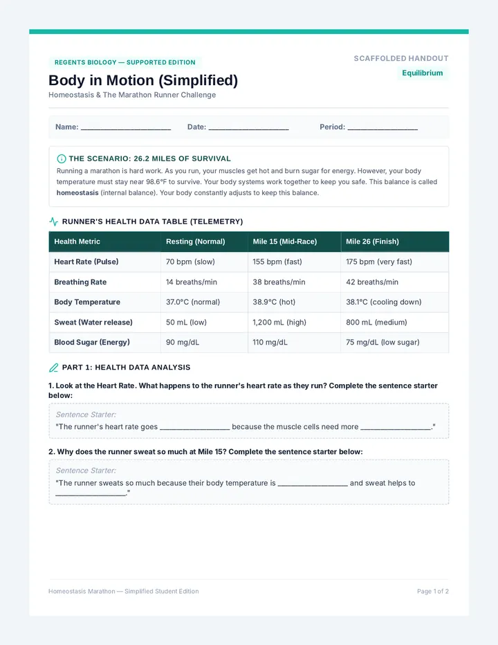 Body in Motion Simplified Worksheet