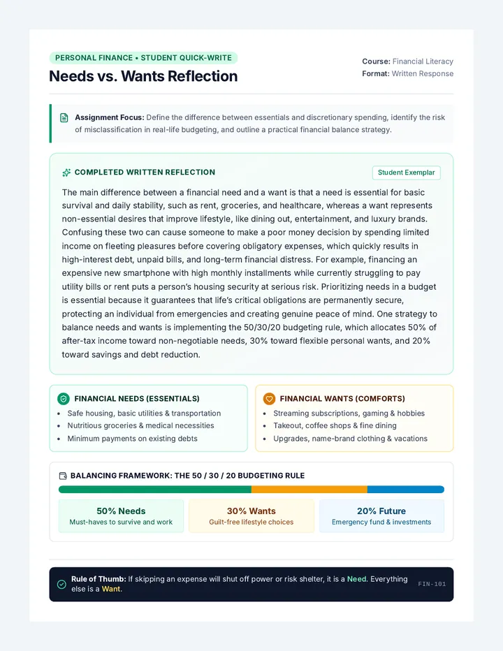 Needs Wants Reflection Document